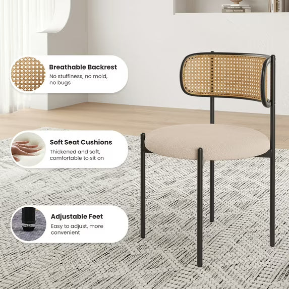 Farini Upholstered Dining Chair Set of 2, Rattan Backrest Kitchen Chair, Light Brown