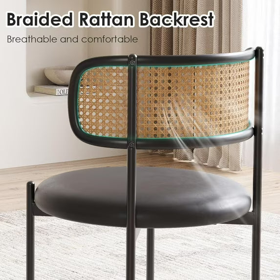 Farini Dining Chairs Set of 4, Upholstered PU Leather & Woven Rattan Side Chairs with Metal Legs for Kitchen, Dining Room, or Cafe, Black