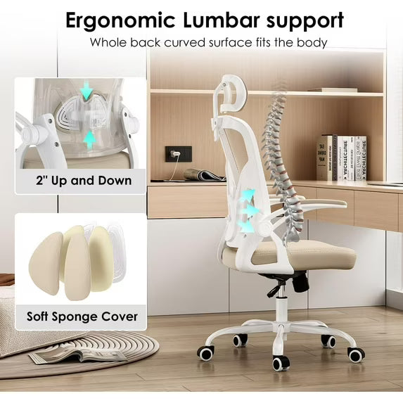 Farini Ergonomic Office Chair, Home Office Desk Chair with Headrest, High Back Computer Chair with Armrests and Adjustable Lumbar Support for Home Office Study Bedroom, White & Khaki
