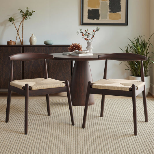 Farini Mid-Century Dining Chairs Set of 2, Solid Wood Frame & Woven Leather Seats, Latte-Beige