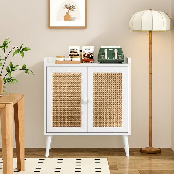 Farini Sideboard Buffet Cabinet Bar Cabinets with Rattan Decorated Doors(White)
