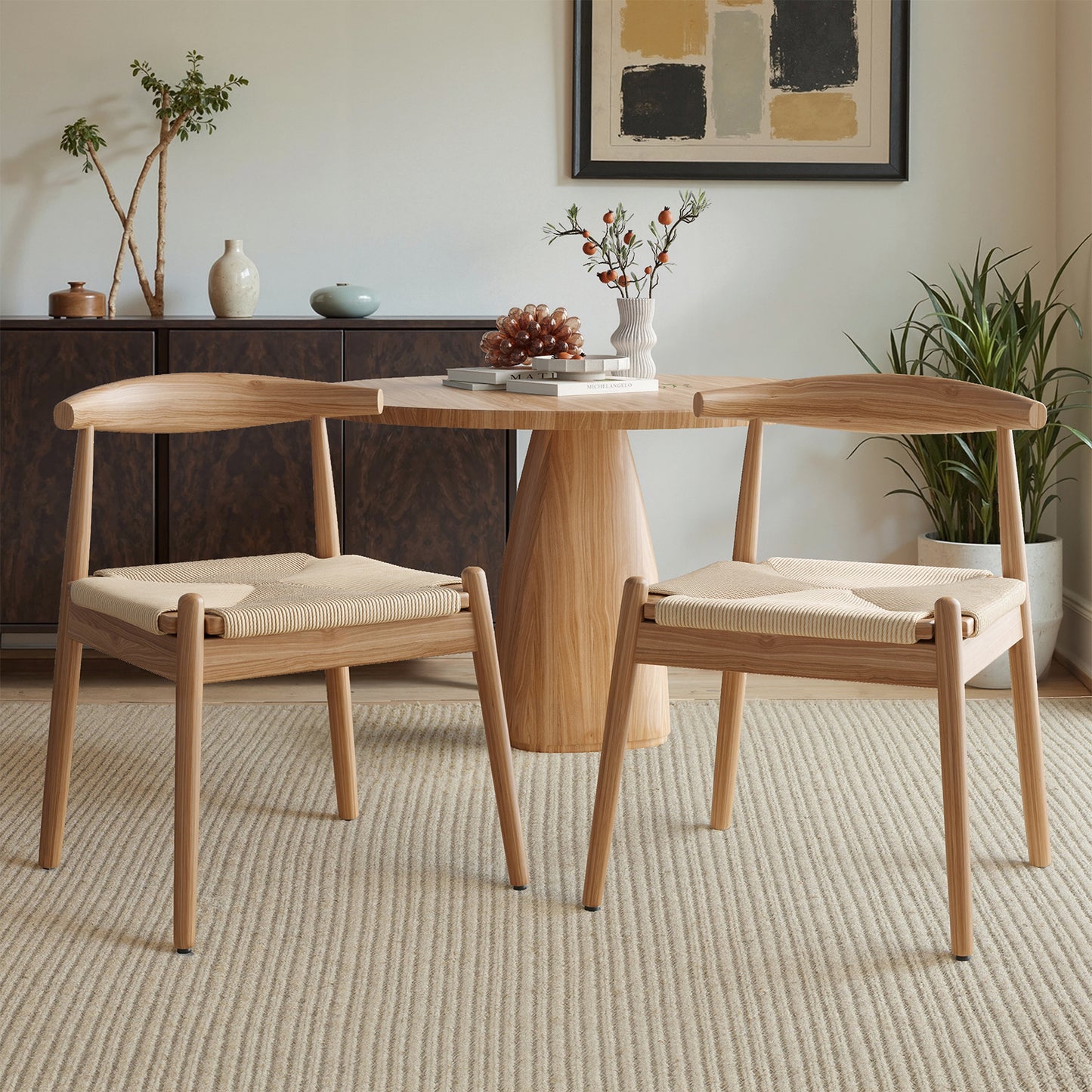 Farini Mid-Century Dining Chairs Set of 2, Solid Wood Frame & Woven Leather Seats, Nature-Beige