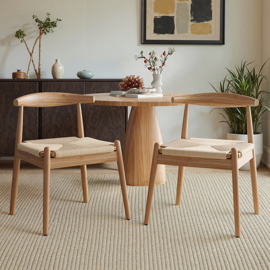 Farini Mid-Century Dining Chairs Set of 2, Solid Wood Frame & Woven Leather Seats, Nature-Beige
