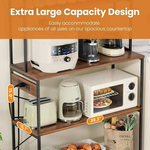 Farini 39" Kitchen Bakers Rack with Electrical Outlets, 5-Tier Microwave Stand & Coffee Bar Station with Storage for Kitchen Island, Walnut