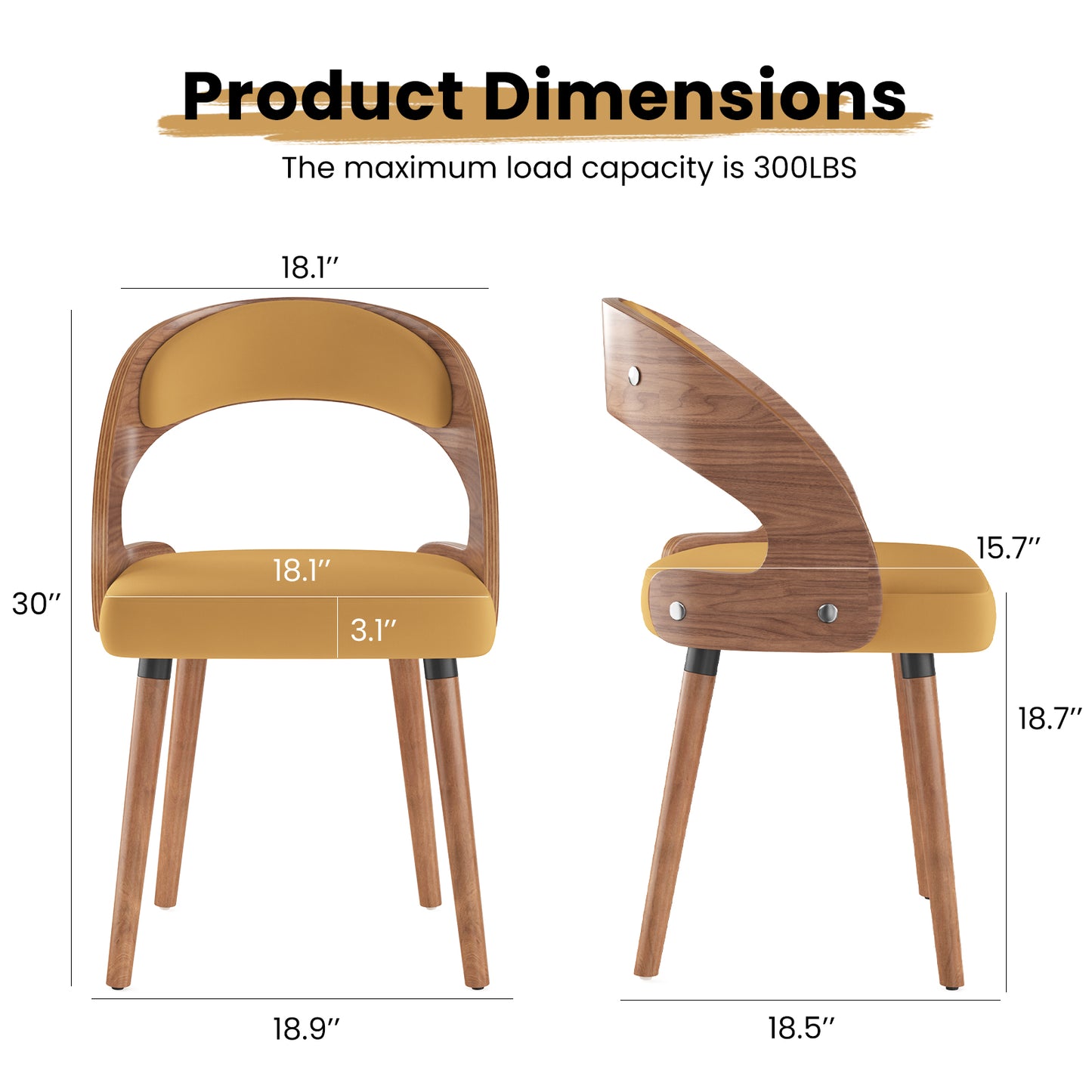 Farini Set of 4 Wood Dining Chairs with Curved Backrest for Kitchen Dining Room, Ginger