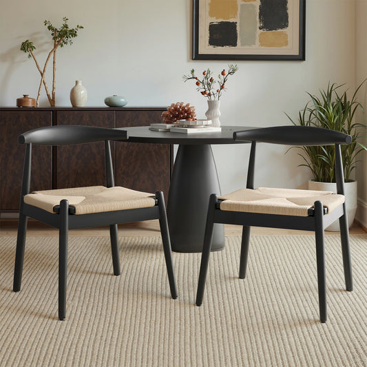Farini Mid-Century Dining Chairs Set of 2, Solid Wood Frame & Woven Leather Seats, Black-Beige