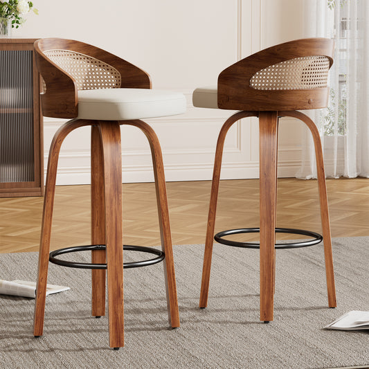 Farini Swivel Bar Stools Set of 2, Upholstered PU Leather Stools with Rattan Back & Footrest, 30" Counter Height for Kitchen Island, Bar, or Dining Room, Beige