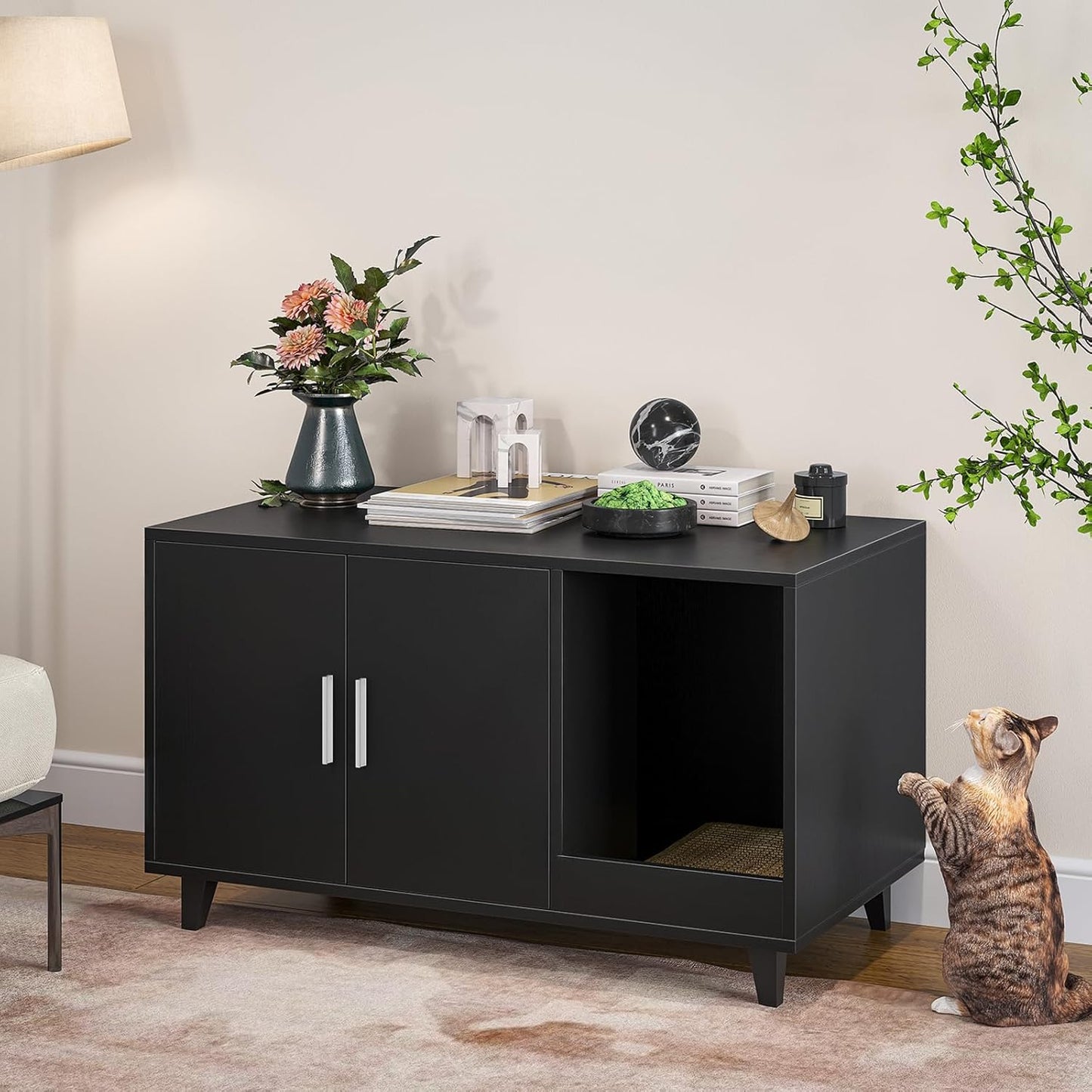 Farini Hidden Cat Litter Box Enclosure Furniture with Scratching Mat, Black