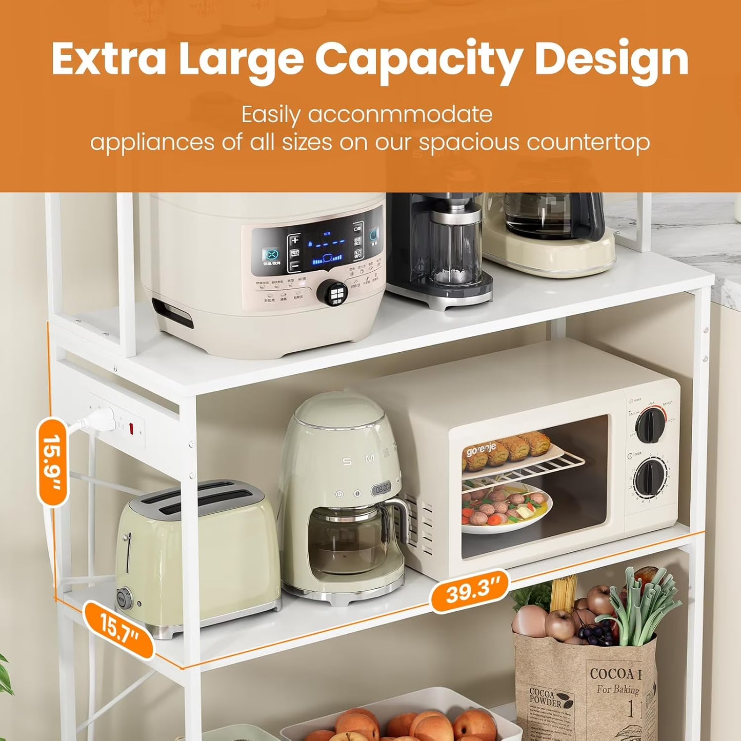 Farini 39" Kitchen Bakers Rack with Electrical Outlets, 5-Tier Microwave Stand & Coffee Bar Station with Storage for Kitchen Island, White