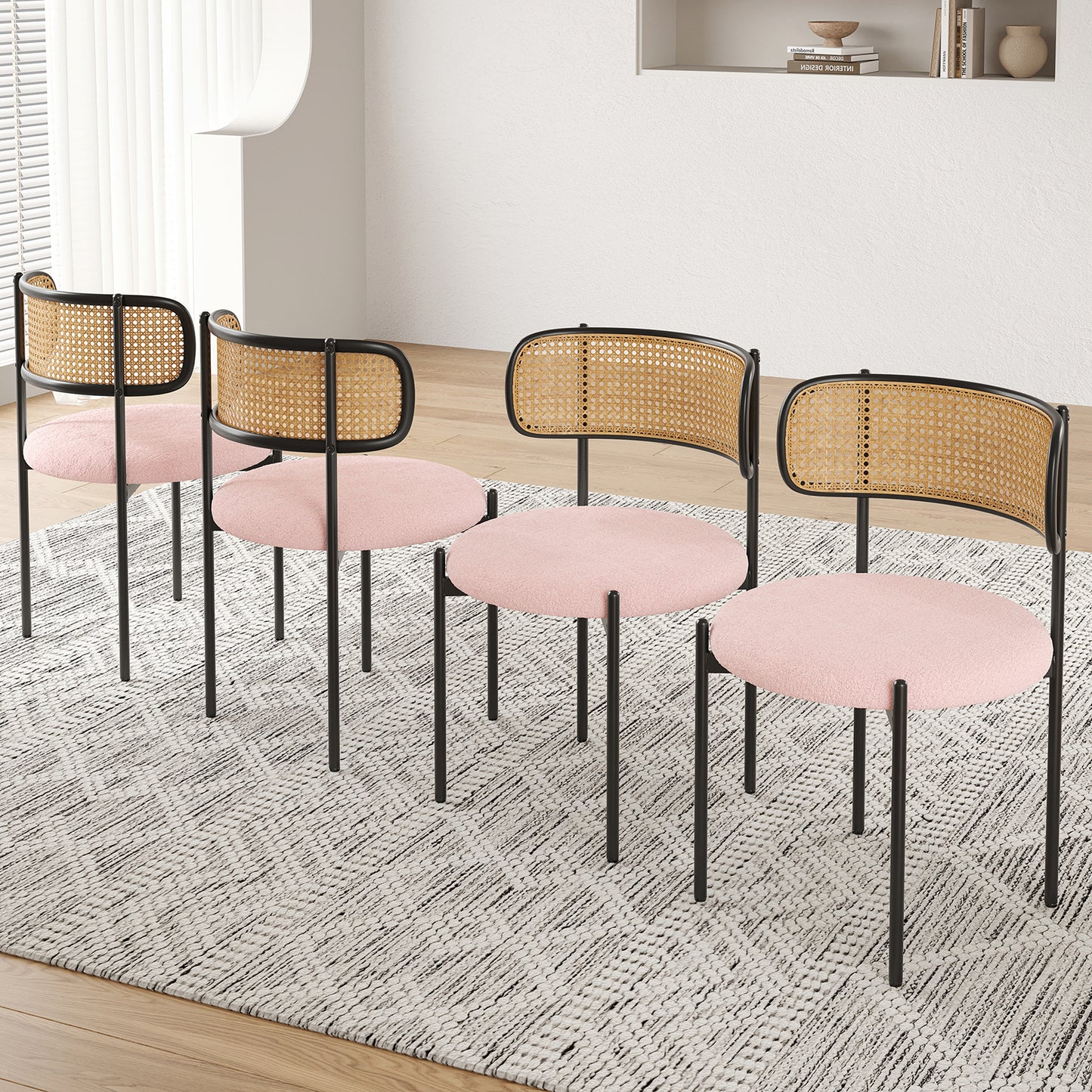 Farini Upholstered Dining Chair Set of 4, Rattan Backrest Kitchen Chair