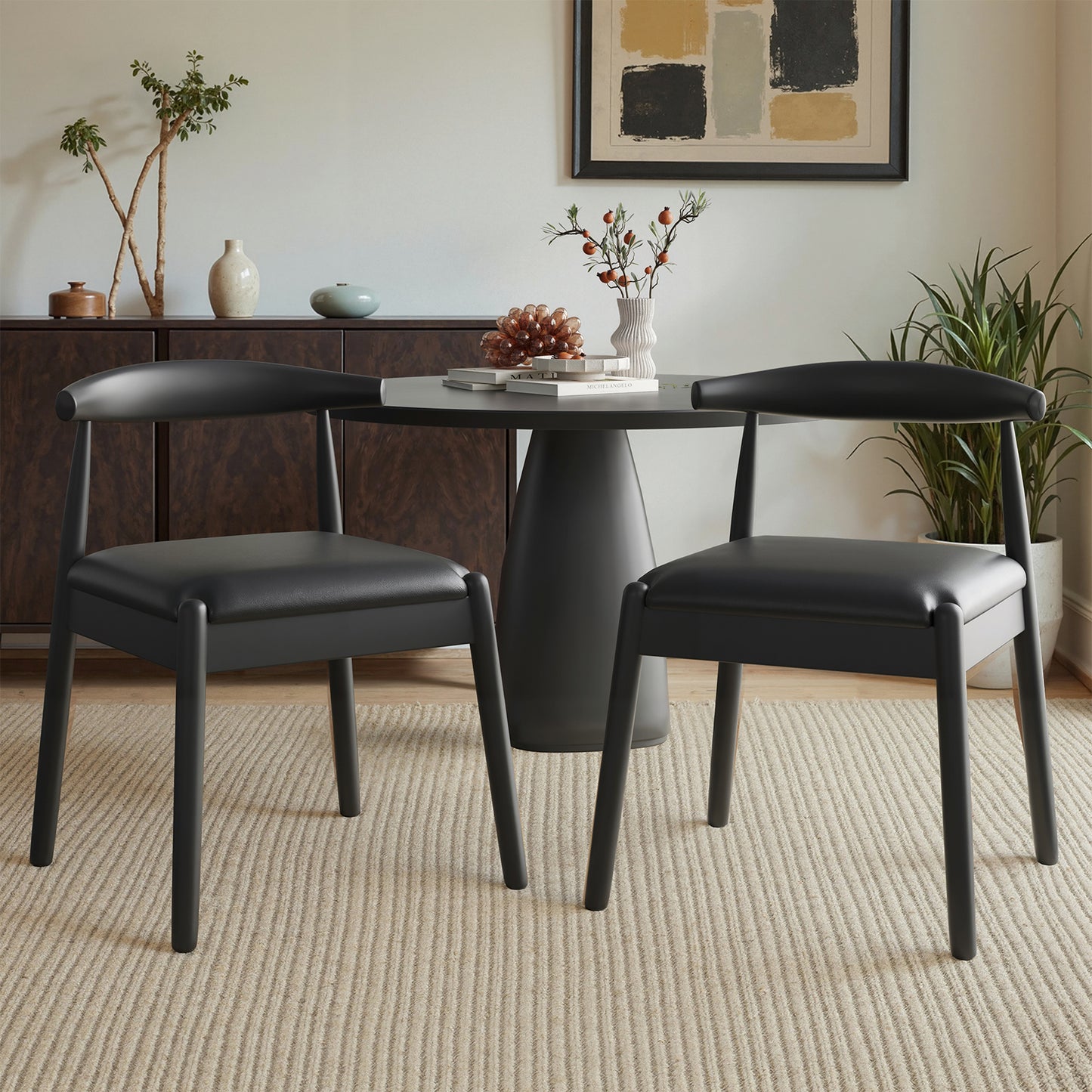 Farini Mid-Century Dining Chairs Set of 2, Solid Wood Frame & PU Leather Upholstered Seats, Black