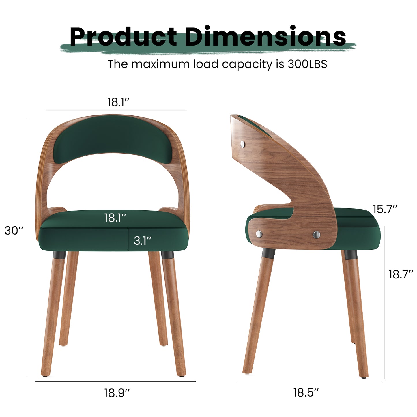 Farini Set of 2 Wood Dining Chairs with Curved Backrest for Kitchen Dining Room, Dark Green