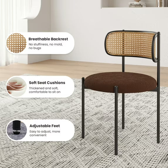 Farini Upholstered Dining Chair Set of 4, Rattan Backrest Kitchen Chair, Coffee