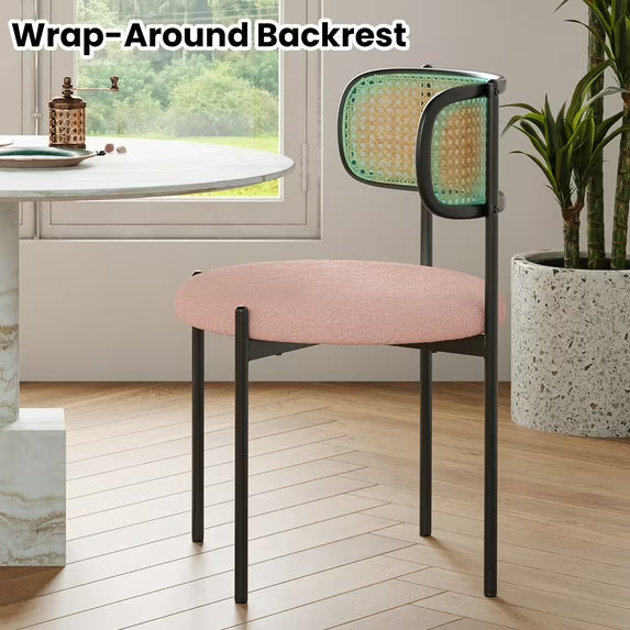 Farini Upholstered Dining Chair Set of 2, Rattan Backrest Kitchen Chair, Pink