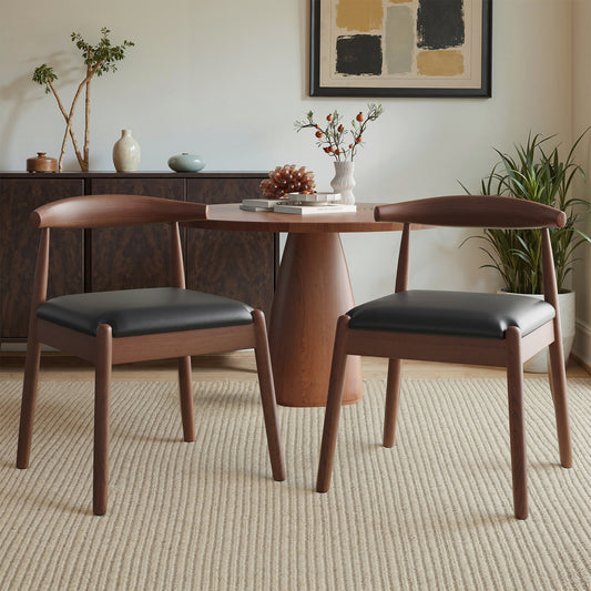 Farini Mid-Century Dining Chairs Set of 2, Solid Wood Frame & PU Leather Upholstered Seats, Walnut-Black
