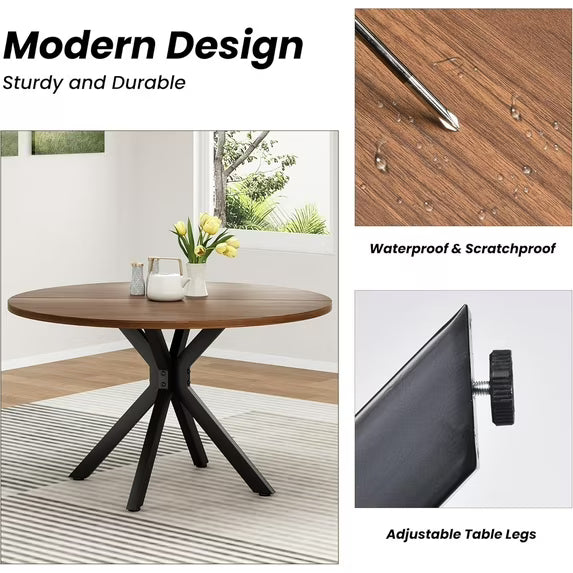 Farini 47" Round Dining Table, Mid-Century Modern Wood Table with Metal Base, Seats 4-6, for Kitchen or Dining Room, Walnut