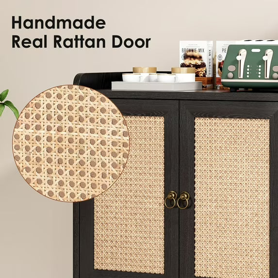 Farini Sideboard Buffet Cabinet Bar Cabinets with Rattan Decorated Doors(Black)