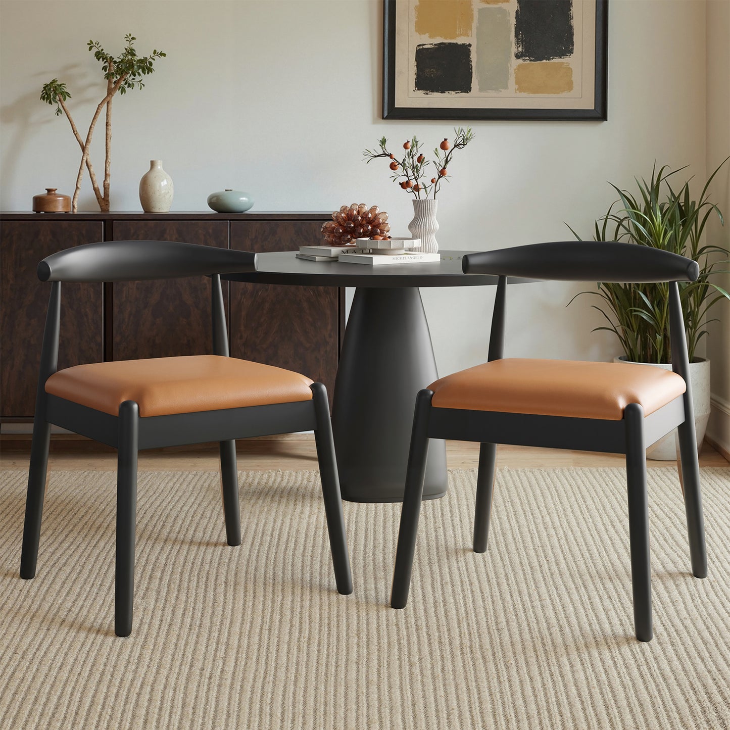 Farini Mid-Century Dining Chairs Set of 2, Solid Wood Frame & PU Leather Upholstered Seats, Black-Whiskey Brown
