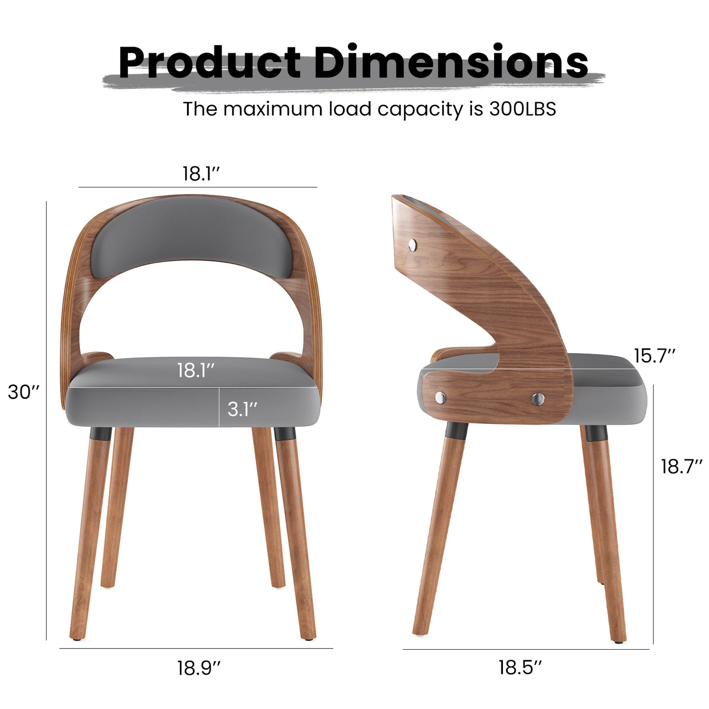 Farini Set of 4 Wood Dining Chairs with Curved Backrest for Kitchen Dining Room, Dark Gray
