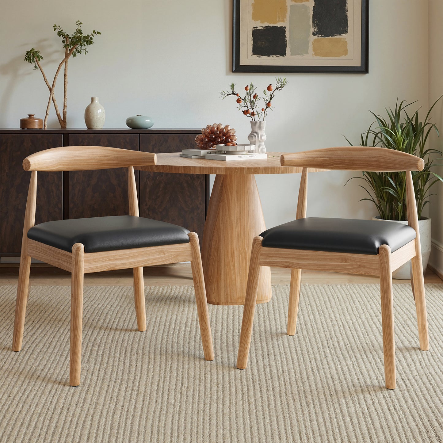 Farini Mid-Century Dining Chairs Set of 2, Solid Wood Frame & PU Leather Upholstered Seats, Nature-Black