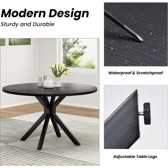 Farini 47" Round Dining Table, Mid-Century Modern Wood Table with Metal Base, Seats 4-6, for Kitchen or Dining Room, Black