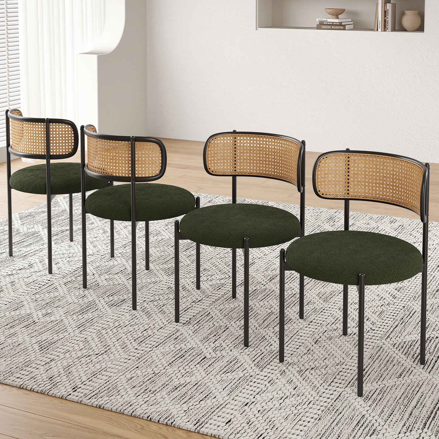 Farini Upholstered Dining Chair Set of 4, Rattan Backrest Kitchen Chair