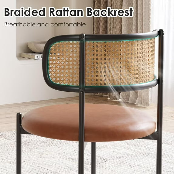 Farini Dining Chairs Set of 4, Upholstered PU Leather & Woven Rattan Side Chairs with Metal Legs for Kitchen, Dining Room, or Cafe, Brown