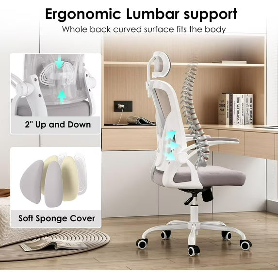 Farini Ergonomic Office Chair, Home Office Desk Chair with Headrest, High Back Computer Chair with Armrests and Adjustable Lumbar Support.for Home Office Study Room Bedroom, White & Gray