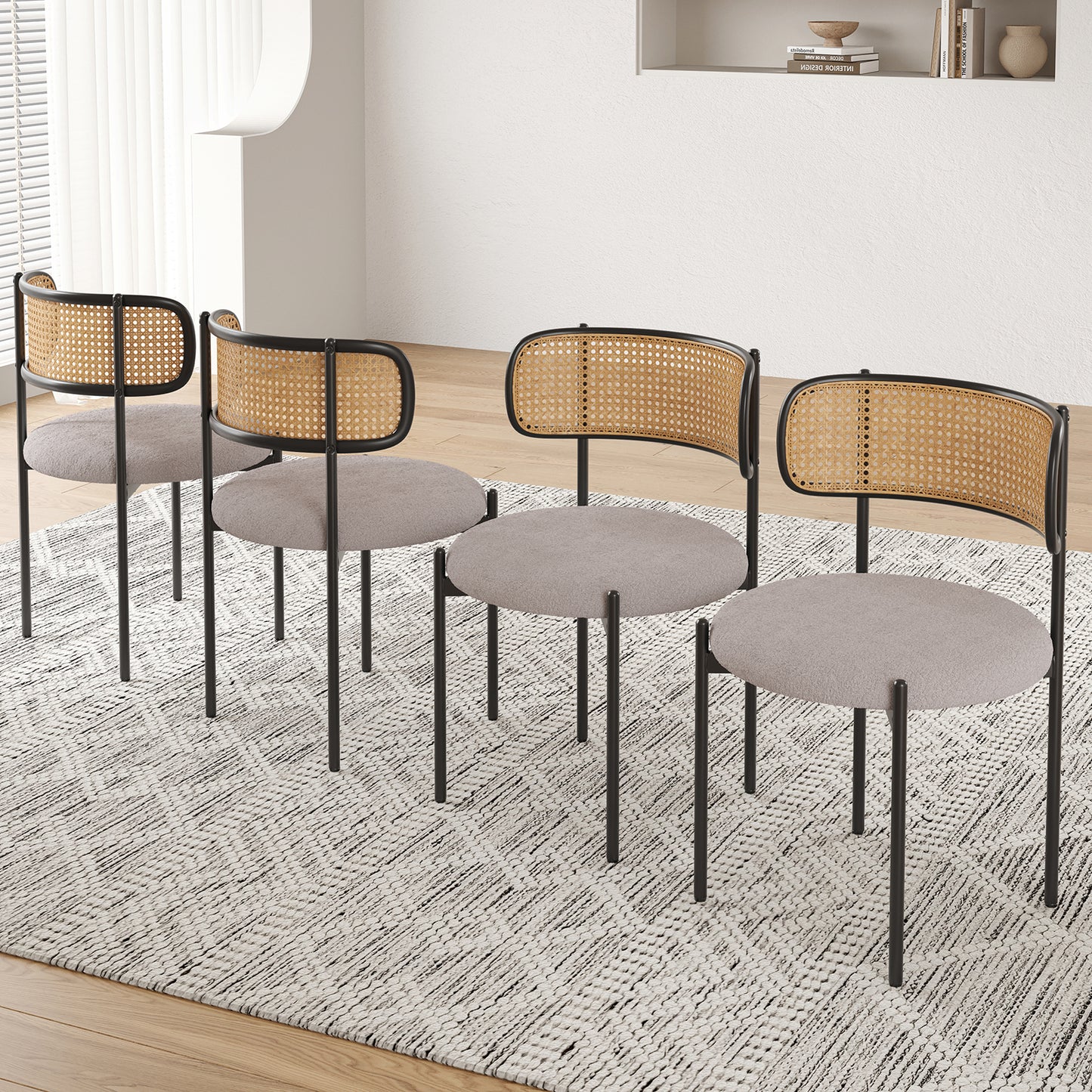 Farini Upholstered Dining Chair Set of 4, Rattan Backrest Kitchen Chair