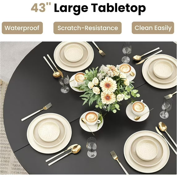 Farini 43" Round Dining Table, Modern Wood Kitchen Table with Metal Base, Seats 4, for Dining Room or Kitchen, Black