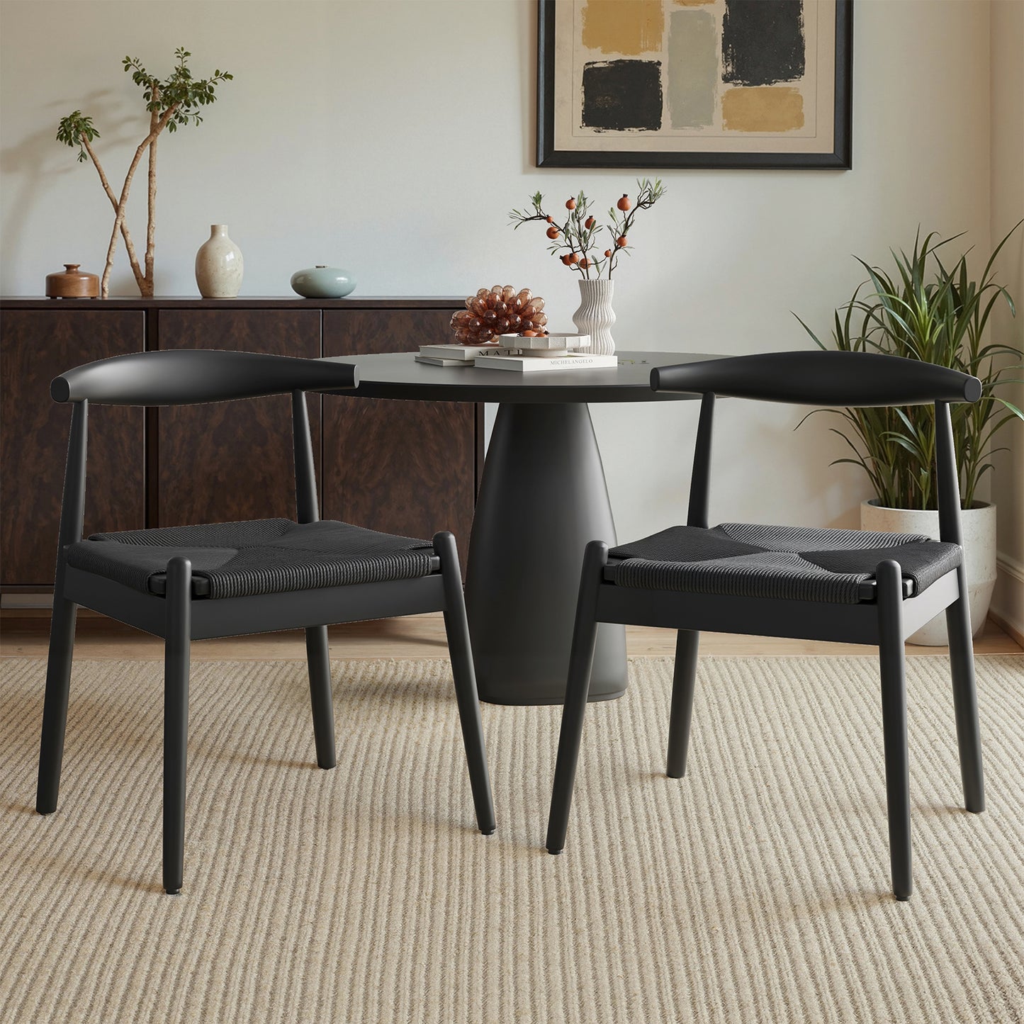 Farini Mid-Century Dining Chairs Set of 2, Solid Wood Frame & Woven Leather Seats, Black