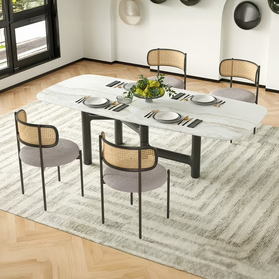 Farini Upholstered Dining Chair Set of 4, Rattan Backrest Kitchen Chair, Light Grey