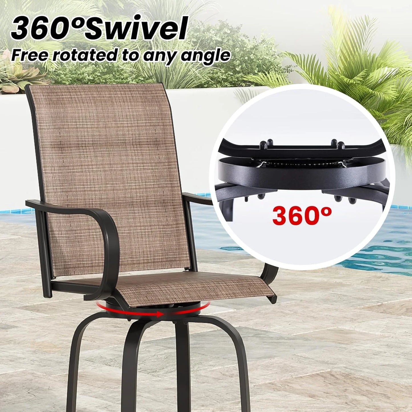 Farini Outdoor Bar Stools Set, 360°Swivel Patio Barstools with Textile Fabric,Ergonomic Comfort Bar Height Tall Outdoor Stools for Balcony