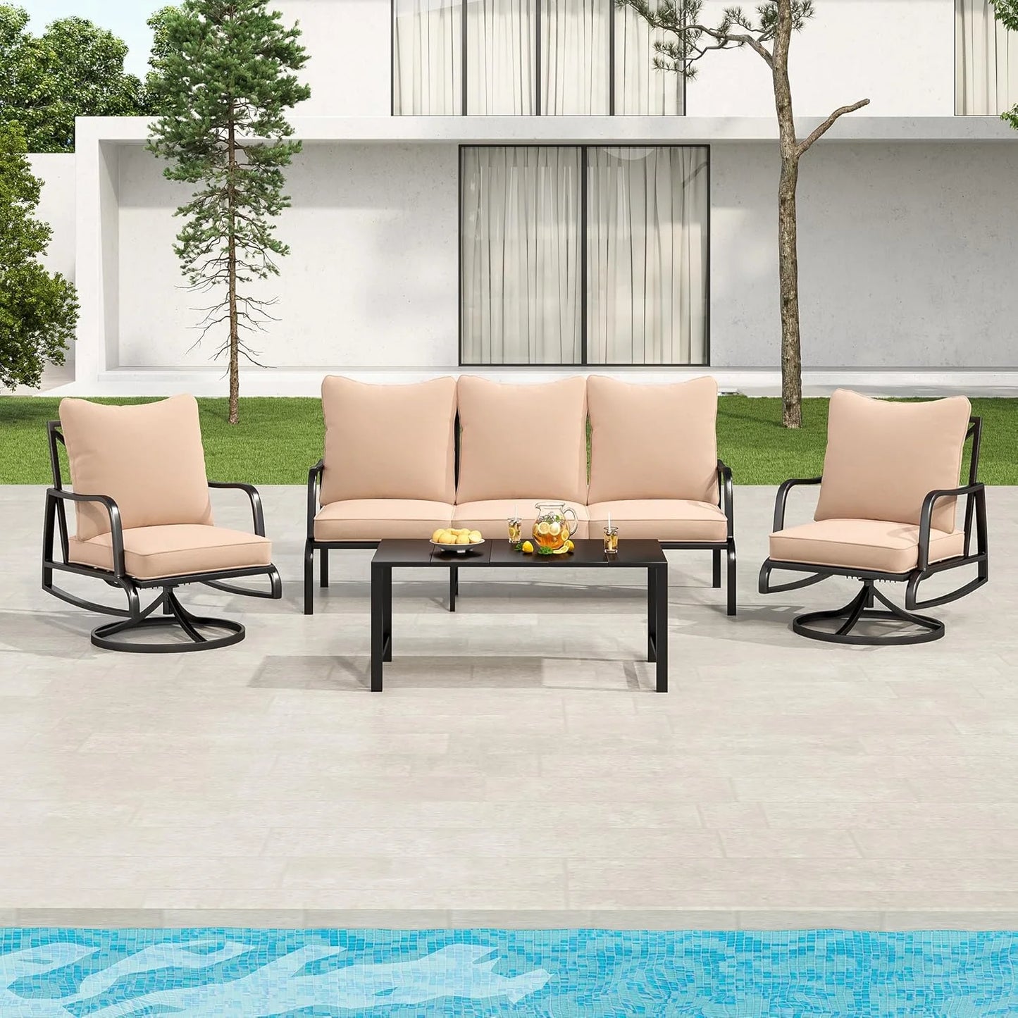 Farini Small Patio Furniture Set, Outdoor Swivel and Rocking Patio Chairs, Metal Outdoor Swivel Chair Sofa with 4" Thick Cushions, Bistro Set for Porch, Balcony, and Backyard
