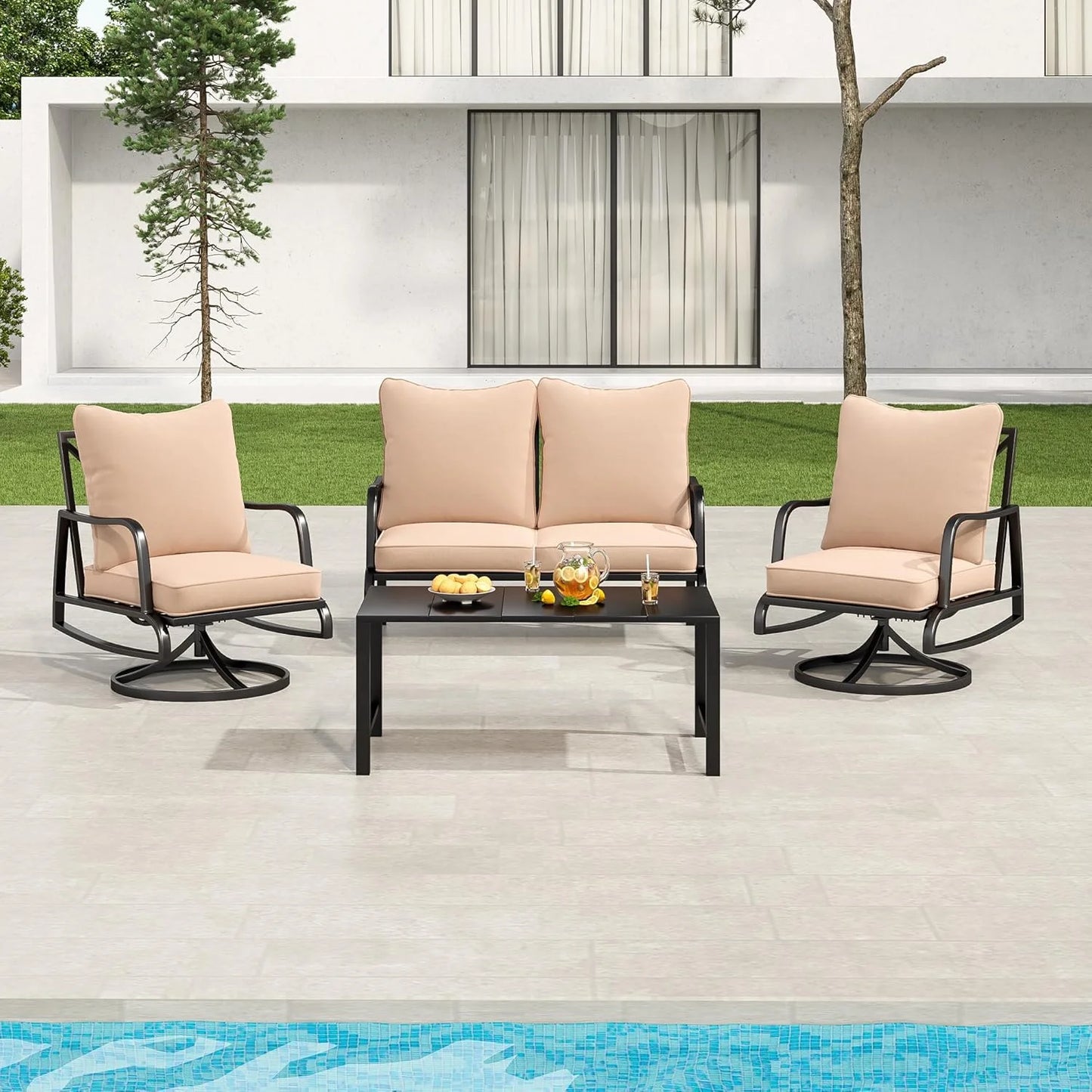 Farini Small Patio Furniture Set, Outdoor Swivel and Rocking Patio Chairs, Metal Outdoor Swivel Chair Sofa with 4" Thick Cushions, Bistro Set for Porch, Balcony, and Backyard