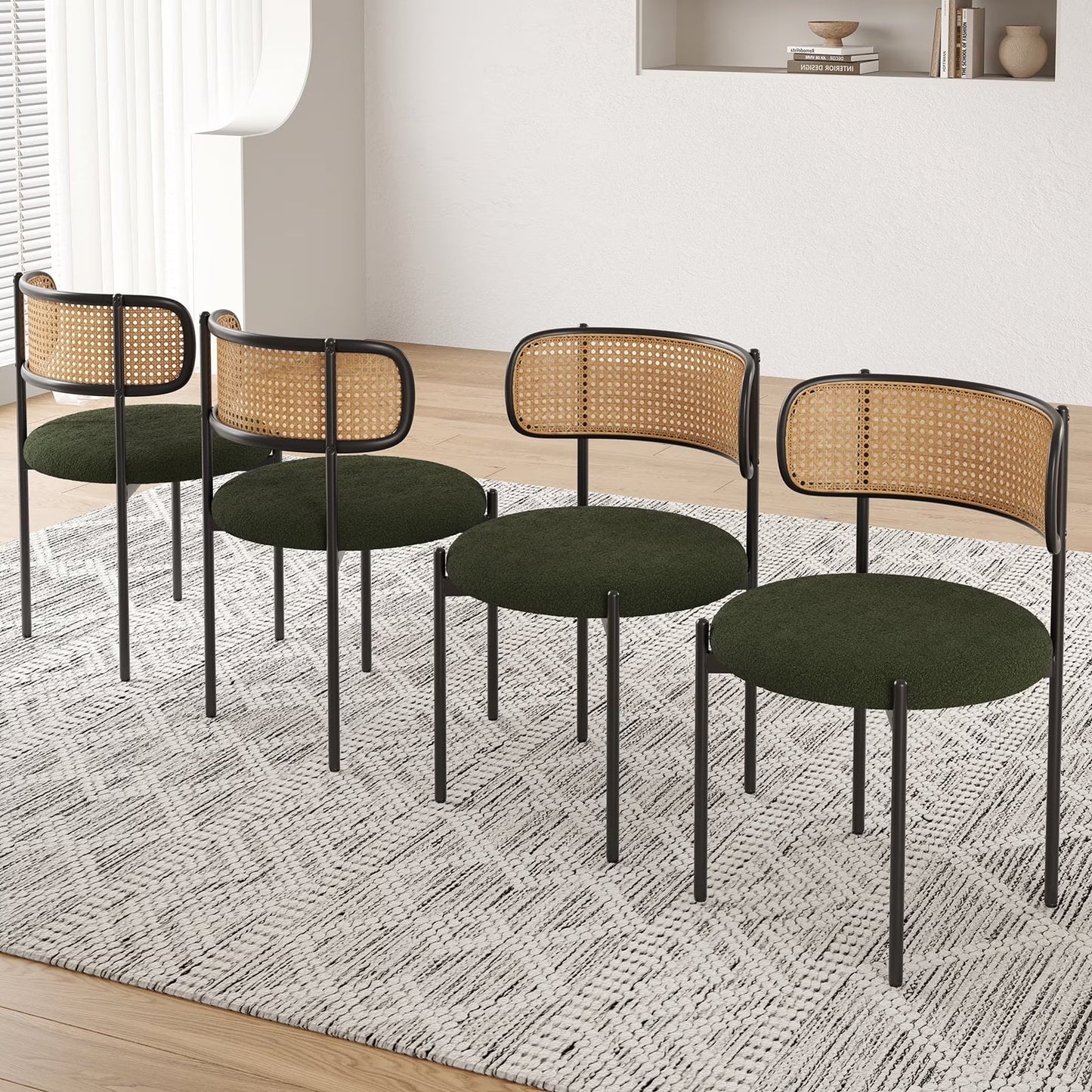 Farini Upholstered Dining Chair Set of 4, Rattan Backrest Kitchen Chair, Green