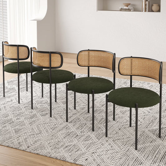 Farini Upholstered Dining Chair Set of 4, Rattan Backrest Kitchen Chair, Green