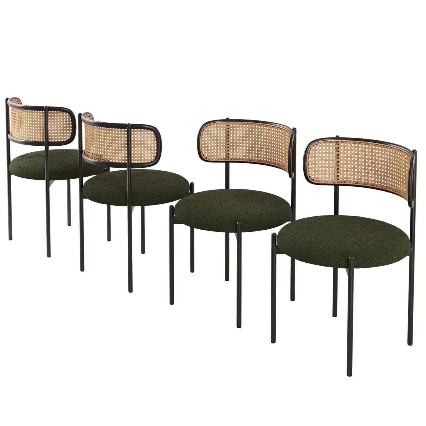 Farini Upholstered Dining Chair Set of 4, Rattan Backrest Kitchen Chair, Green