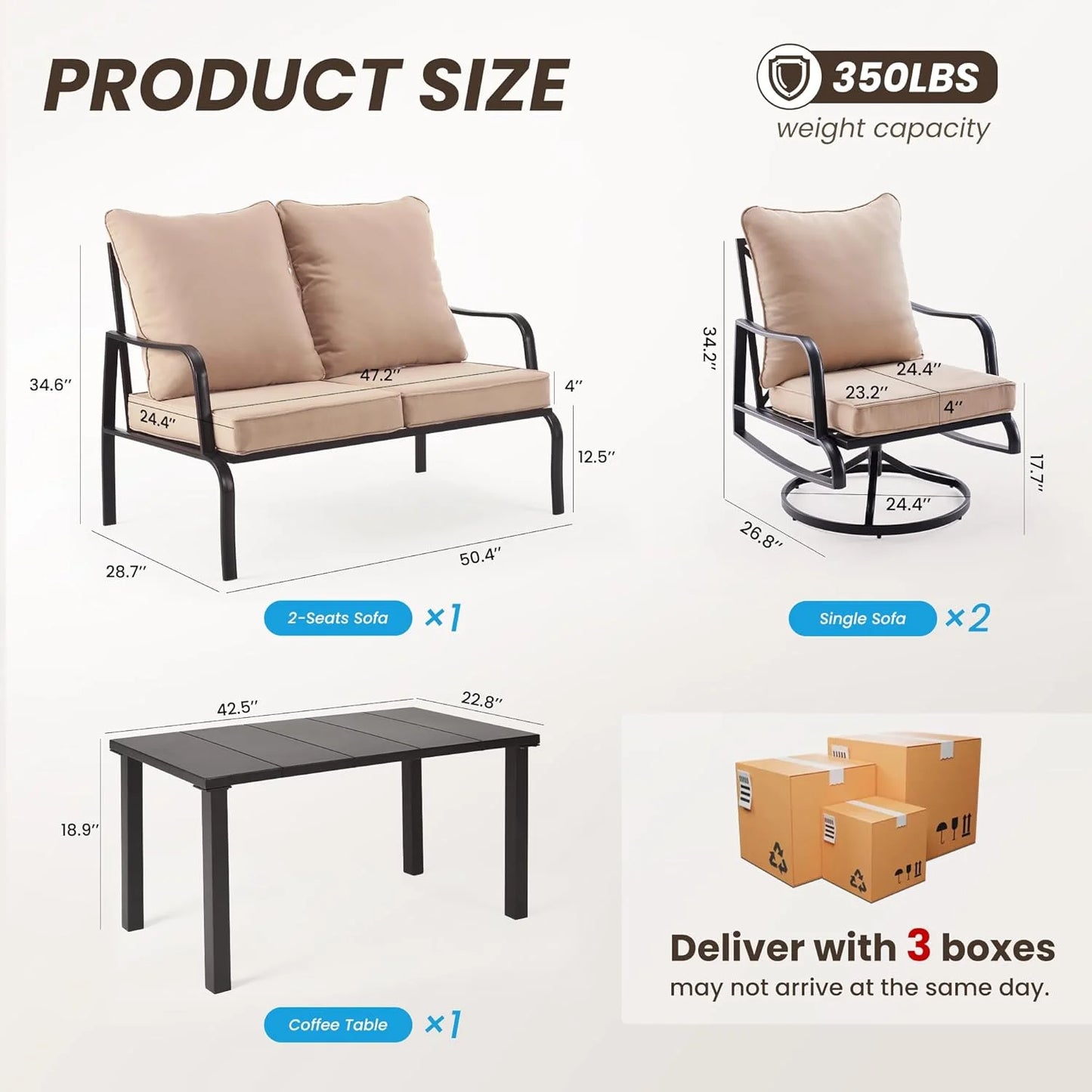 Farini Small Patio Furniture Set of 2, Outdoor Swivel and Rocking Patio Chairs, Metal Outdoor Swivel Chair Sofa with 4" Thick Cushions, Bistro Set for Porch, Balcony, and Backyard
