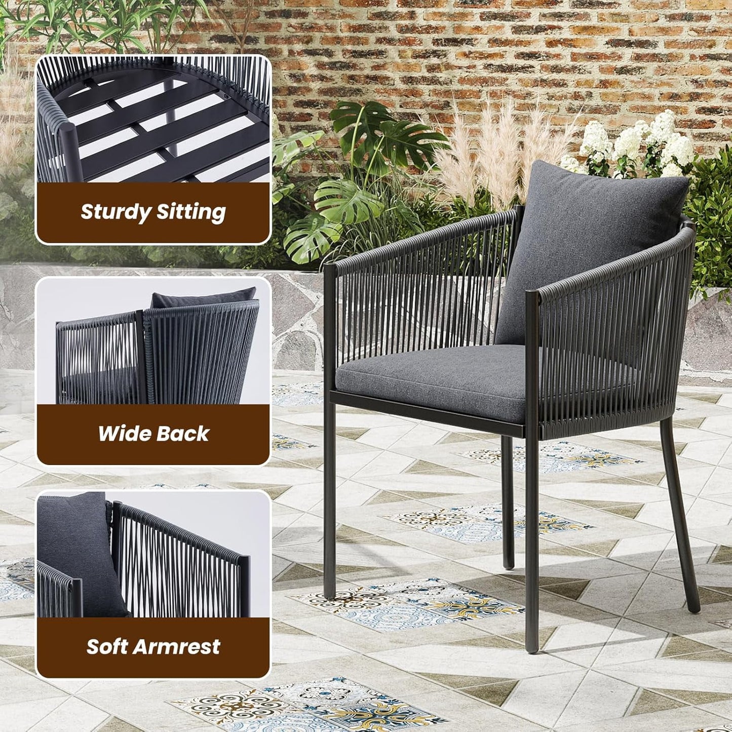 Farini Outdoor Dining Set, Patio Table and Chairs Set, Rattan Wicker Patio Chair Cushions and 1 Outdoor Table Plastic Wooden Top for Lawn, Deck Backyard, Poolside