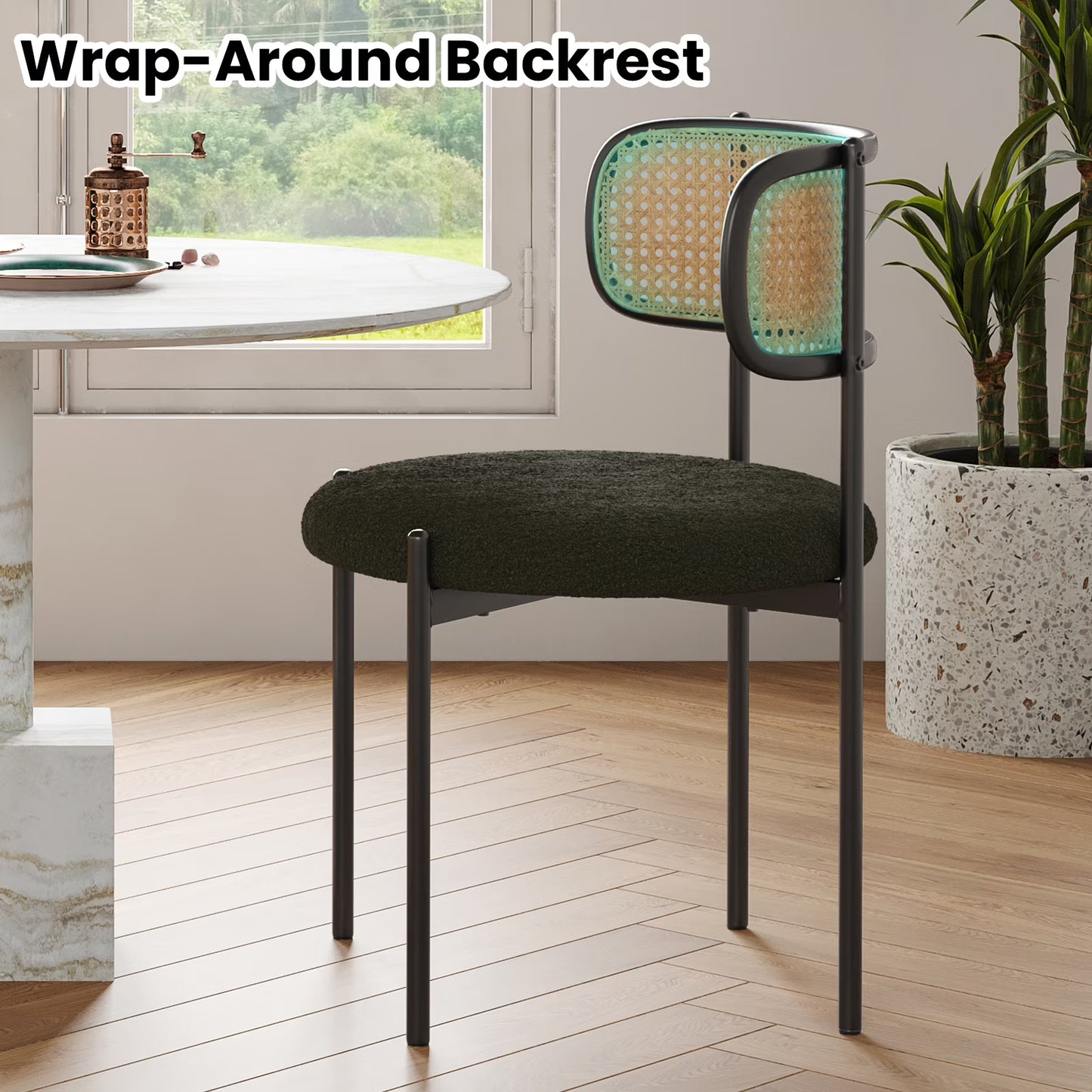 Farini Upholstered Dining Chair Set of 4, Rattan Backrest Kitchen Chair, Green