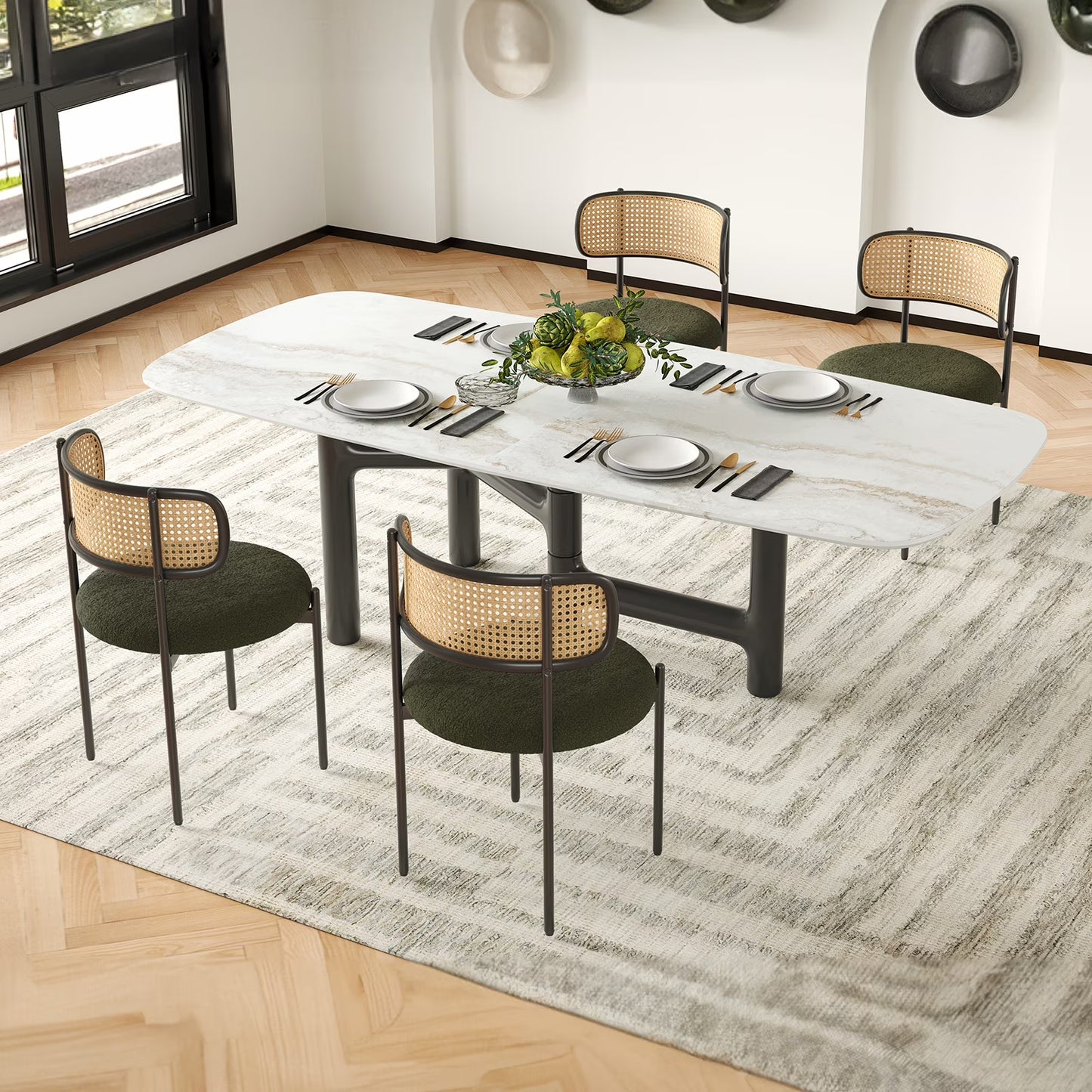 Farini Upholstered Dining Chair Set of 4, Rattan Backrest Kitchen Chair, Green
