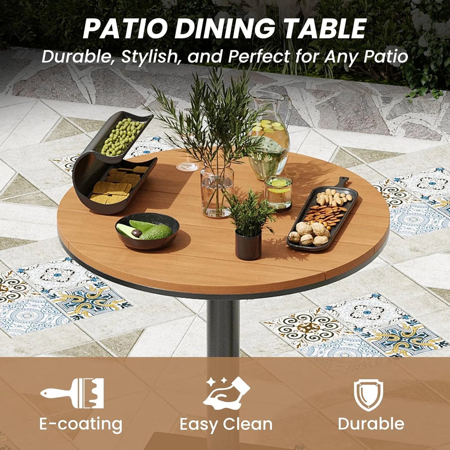 Farini Patio Furniture Table, Outdoor Dining Set of Patio Table, Plastic Wooden Top Outdoor Furniture Table for Lawn, Deck, Backyard, Poolside