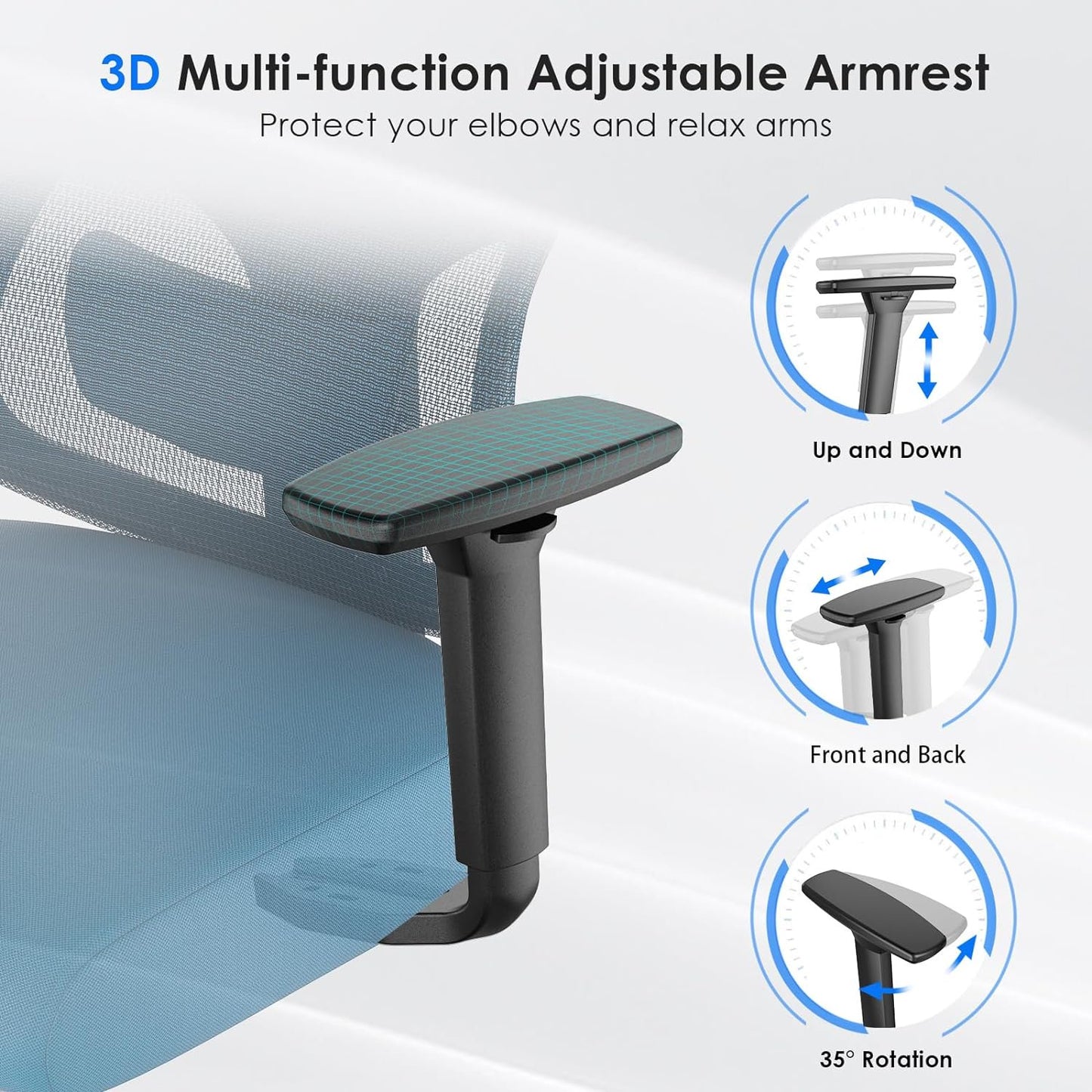 Farini Ergonomic Mesh Office Chair, Computer Desk Chair Ergonomic with Headrest, Adjustable Lumbar Support and 3D Armrests, High Back Office Chair