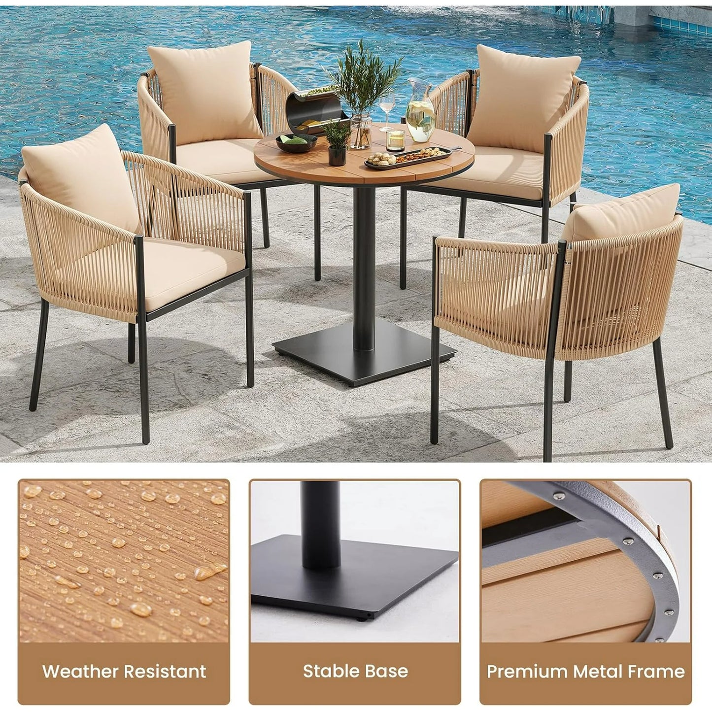 Farini Patio Furniture Table, Outdoor Dining Set of Patio Table, Plastic Wooden Top Outdoor Furniture Table for Lawn, Deck, Backyard, Poolside