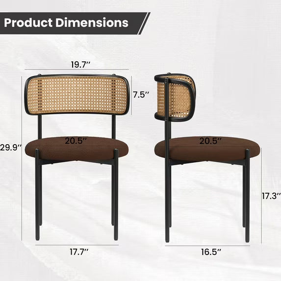 Farini Upholstered Dining Chair Set of 2, Rattan Backrest Kitchen Chair, Coffee