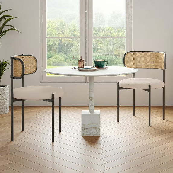 Farini Upholstered Dining Chair Set of 2, Rattan Backrest Kitchen Chair, Light Brown