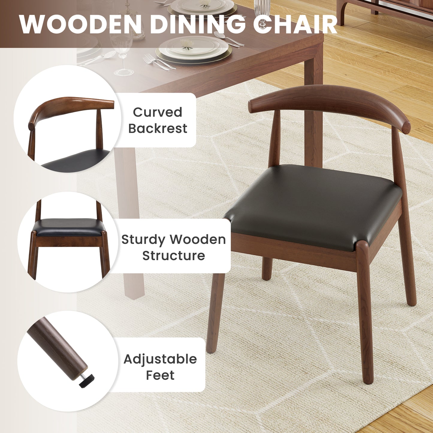 Farini Mid-Century Dining Chairs Set of 4, Solid Wood Frame & PU Leather Upholstered Seats, Walnut-Black
