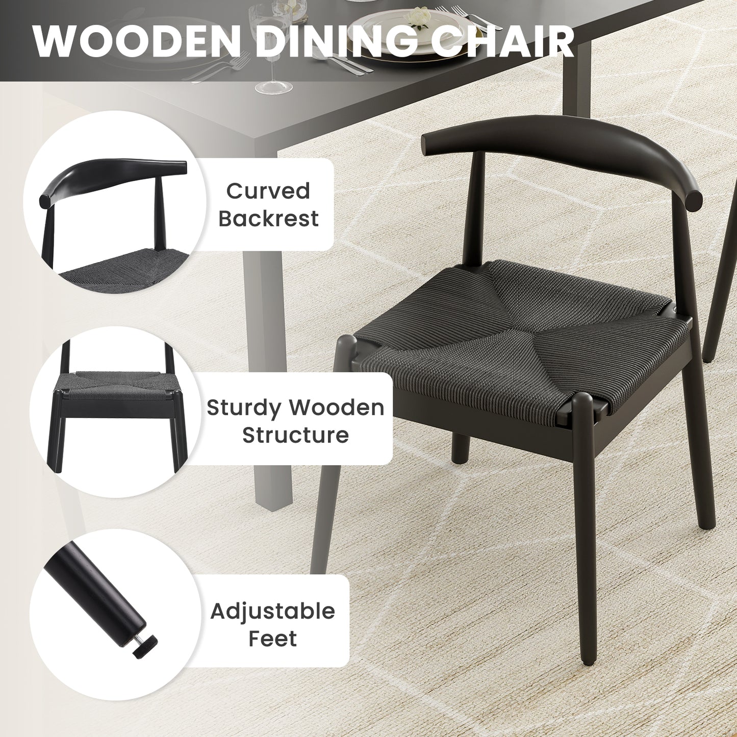 Farini Mid-Century Dining Chairs Set of 4, Solid Wood Frame & Woven Leather Seats, Black