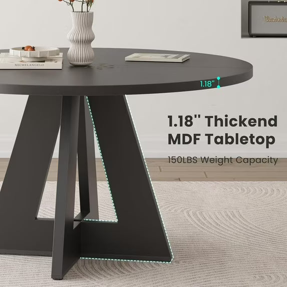 Farini 47" Round Dining Table,Wooden Kitchen Table with Metal Base, Seats 4–7, for Dining Room, Kitchen & Living Room, Black